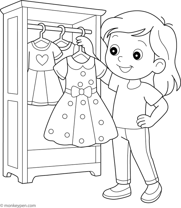 Child selecting a dress from her wardrobe, surrounded by clothes and accessories to color.