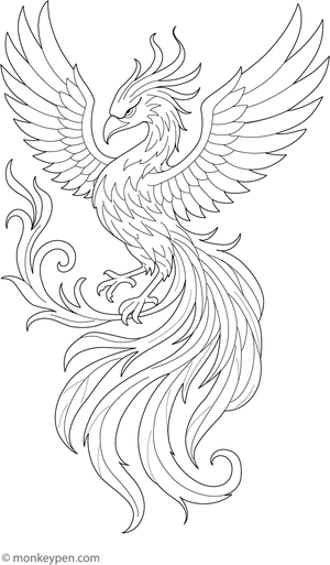 Coloring page illustrating a phoenix rising with fiery wings.

