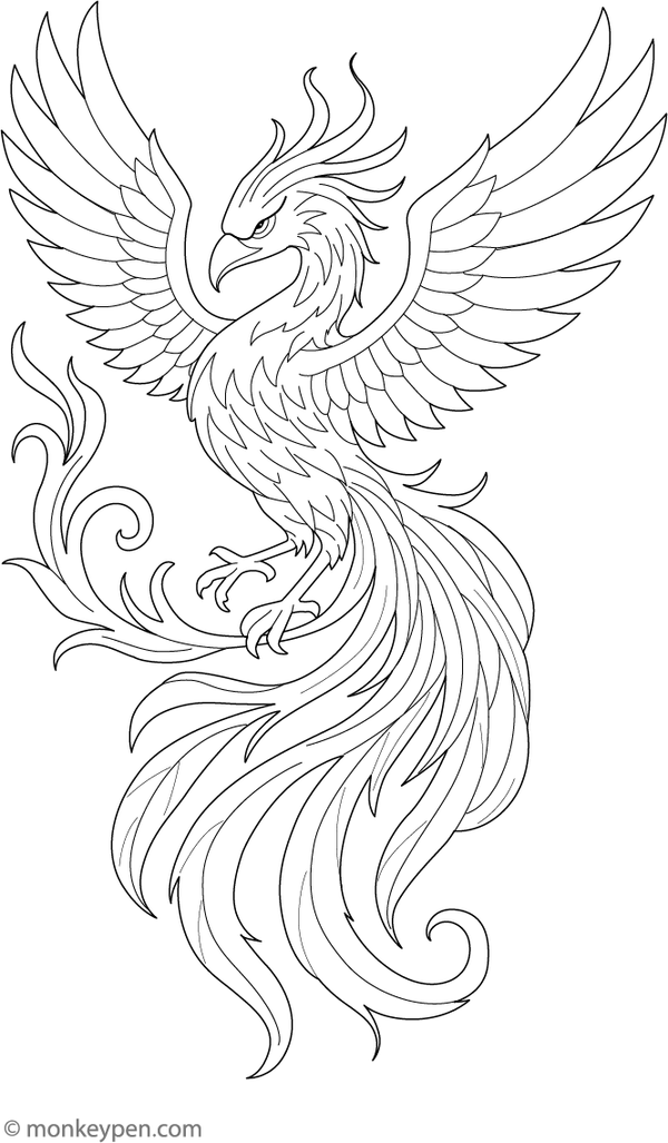 Coloring page illustrating a phoenix rising with fiery wings.
