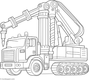  An illustration of a pile driver truck driving steel piles into the ground, suitable for children to color and learn about foundation construction.