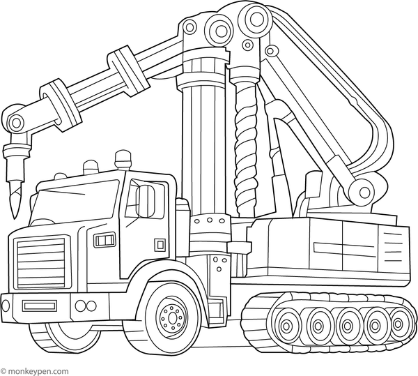  An illustration of a pile driver truck driving steel piles into the ground, suitable for children to color and learn about foundation construction.