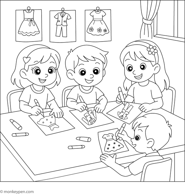  Children designing dresses on paper coloring page featuring kids sketching creative outfits at a table.
