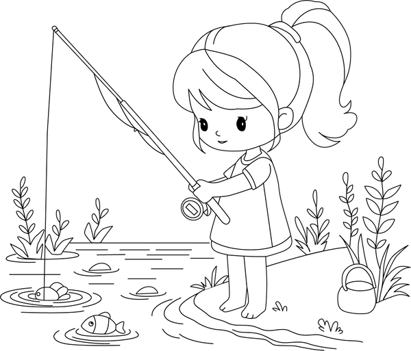 Little Girl Fishing Coloring Page – printable aquatic animal art for kids