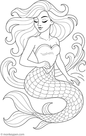 Coloring page of a mermaid with flowing hair and a detailed tail in tattoo style.
