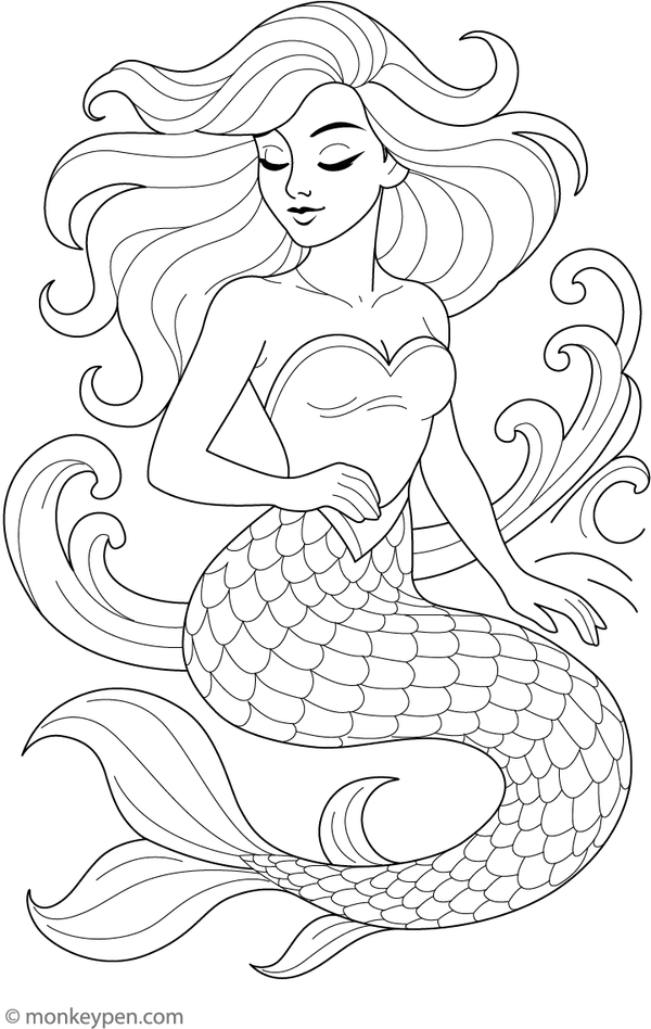  Coloring page of a mermaid with flowing hair and a detailed tail in tattoo style.
