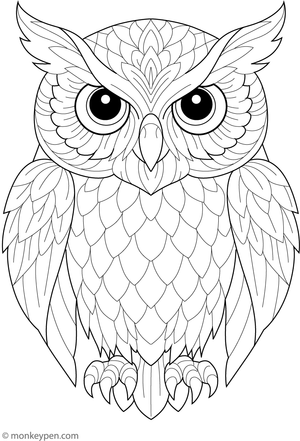  Coloring page of an owl tattoo with decorative feathers and prominent eyes.
