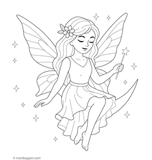  Coloring page featuring a fairy sitting on a crescent moon in tattoo-inspired art.
