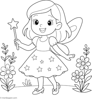  Girl dressed as a fairy in a glittery dress and wings, perfect for children to color a magical costume scene.
