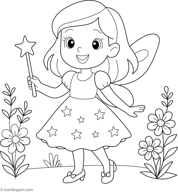  Girl dressed as a fairy in a glittery dress and wings, perfect for children to color a magical costume scene.
