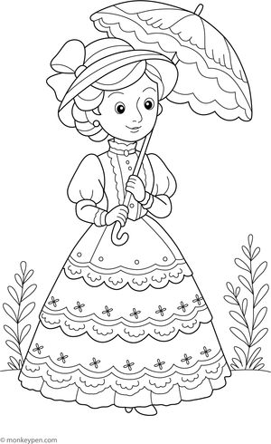  Little girl trying on a new dress while looking at herself in a tall mirror coloring page.
