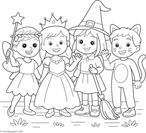 Children wearing fun costumes at a dress-up party, ready for kids to color lively outfits and accessories.
