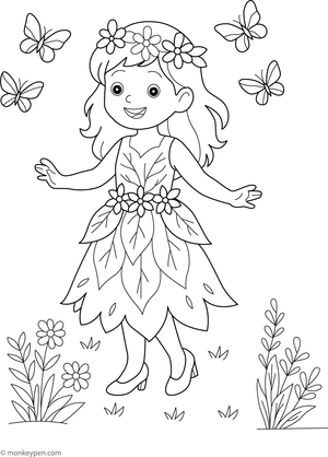Coloring page of a child dressed in a creative costume made of leaves and flowers, ideal for nature-themed art activities.
