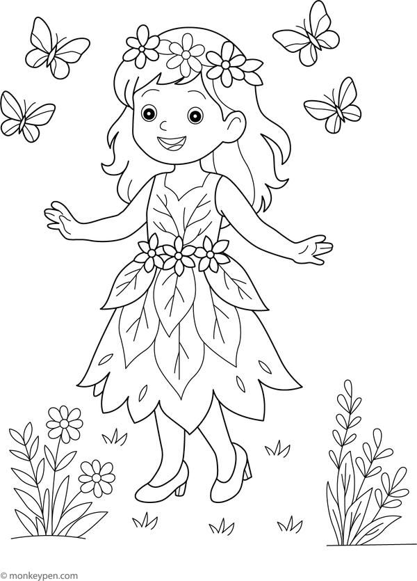 Coloring page of a child dressed in a creative costume made of leaves and flowers, ideal for nature-themed art activities.
