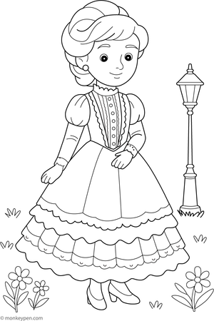  Coloring page of a child dressed in a traditional Mexican folkloric outfit with a wide, decorated skirt.


