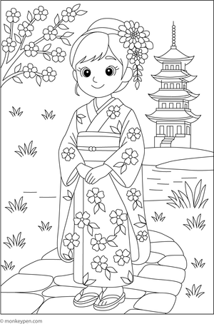  Coloring page of a child in a traditional Japanese kimono with long sleeves and patterned fabric.
