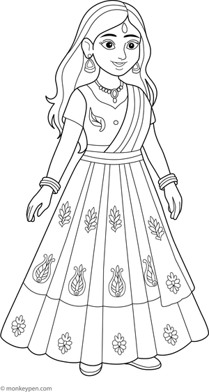  Coloring page of a child wearing a traditional Indian lehenga with an embroidered skirt and matching blouse.