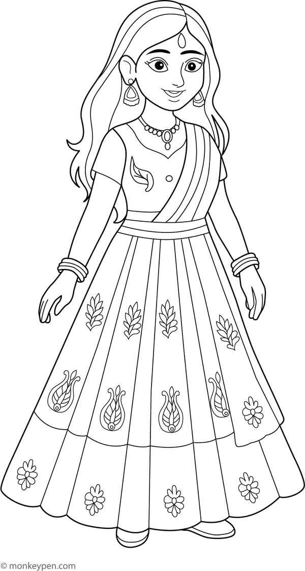  Coloring page of a child wearing a traditional Indian lehenga with an embroidered skirt and matching blouse.