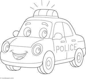  Cartoon police vehicle coloring page with friendly features designed for children to color.
