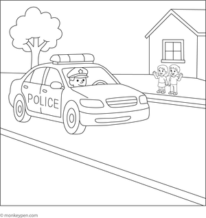  Children waving happily at a passing police car coloring page, suitable for learning about community helpers.
