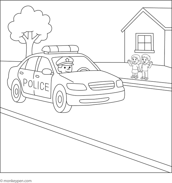  Children waving happily at a passing police car coloring page, suitable for learning about community helpers.

