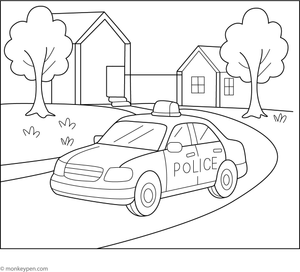  Police car patrolling a peaceful neighborhood coloring page for children.
