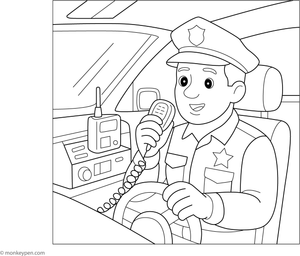 Police vehicle with flashing lights responding to an emergency coloring page for children.
