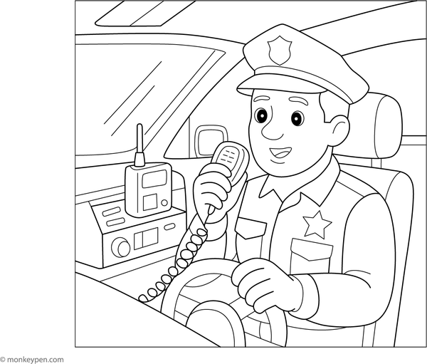 Police vehicle with flashing lights responding to an emergency coloring page for children.

