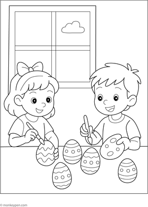  Children coloring a large Easter egg with patterns on a printable Easter coloring page.
