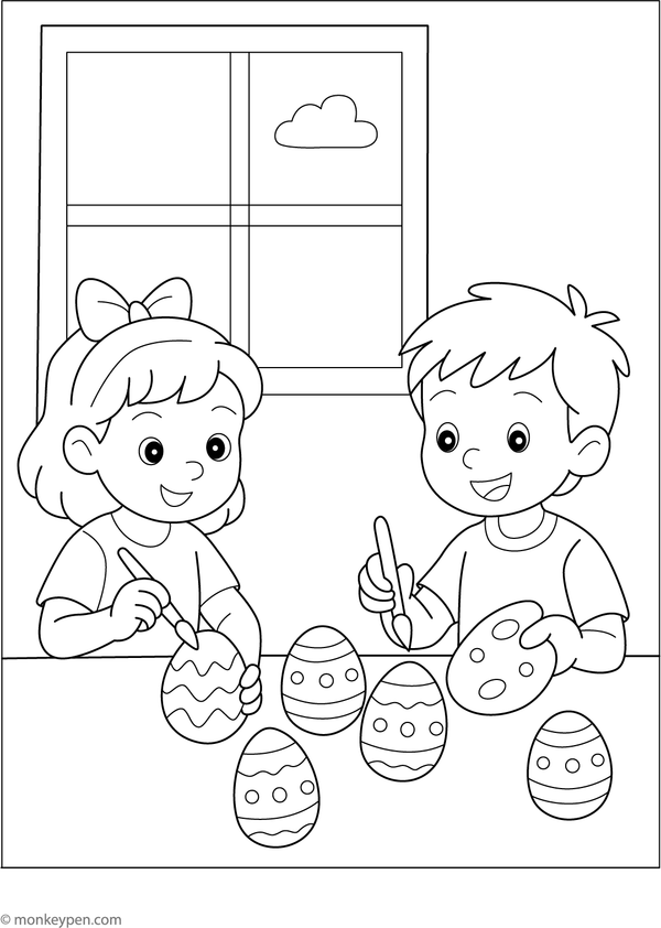  Children coloring a large Easter egg with patterns on a printable Easter coloring page.
