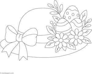  Easter bonnet decorated with flowers, ribbons, and patterns in a printable coloring page for children.
