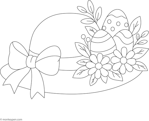  Easter bonnet decorated with flowers, ribbons, and patterns in a printable coloring page for children.
