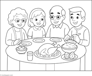 Family gathered around a table enjoying Easter dinner on a printable coloring page.
