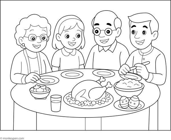 Family gathered around a table enjoying Easter dinner on a printable coloring page.
