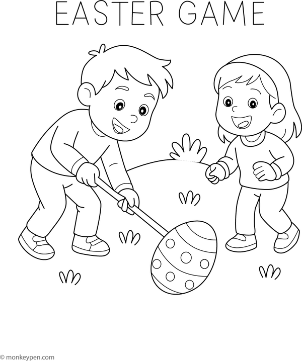  Children participating in an Easter egg rolling game on a grassy field, depicted in a coloring page.
