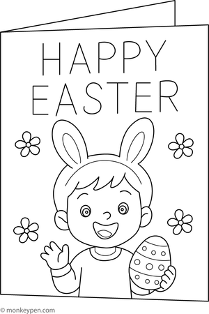  Decorative Easter greeting card with flowers, eggs, and a cheerful message in a coloring page.
