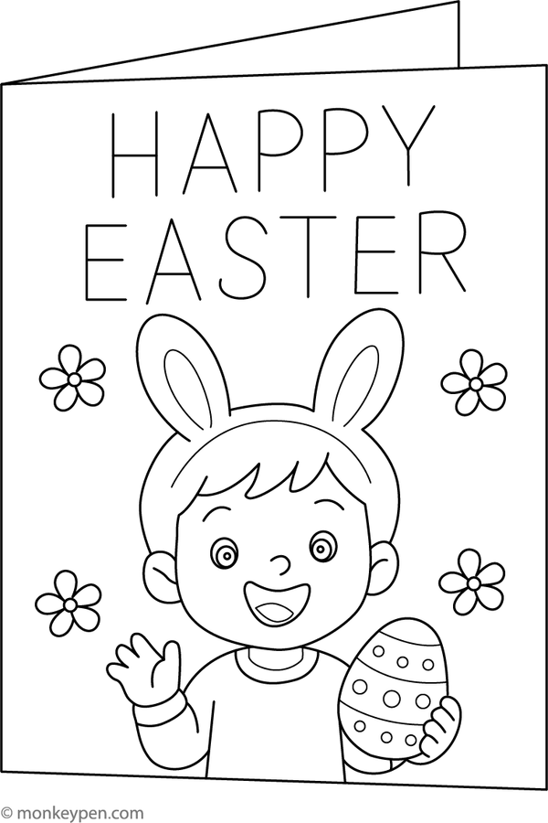  Decorative Easter greeting card with flowers, eggs, and a cheerful message in a coloring page.
