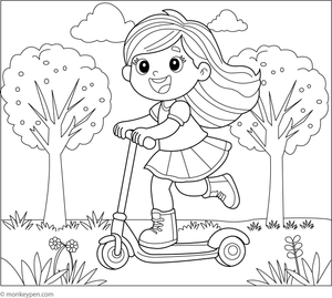 Printable coloring page of a girl riding a scooter in a park for children to color.
