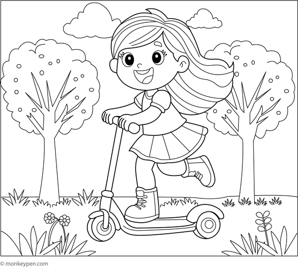 Printable coloring page of a girl riding a scooter in a park for children to color.
