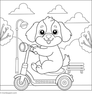  Coloring page of a cute puppy riding a scooter for children to color and download.
