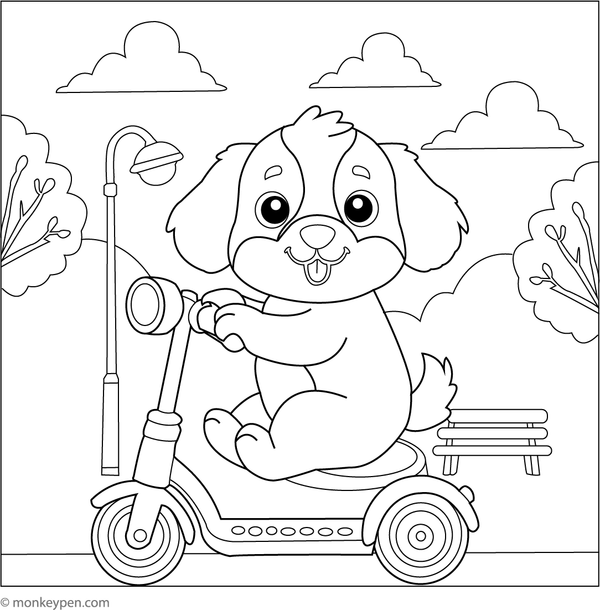  Coloring page of a cute puppy riding a scooter for children to color and download.
