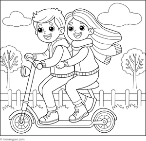 Illustration of two friends riding a tandem scooter together. Printable coloring page for children.
