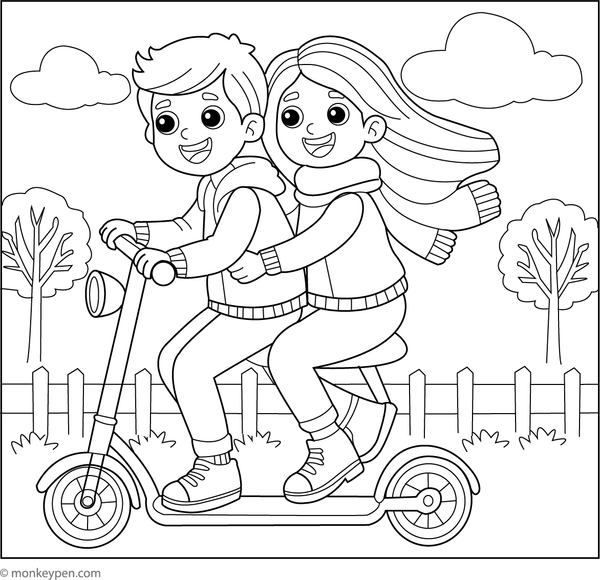 Illustration of two friends riding a tandem scooter together. Printable coloring page for children.
