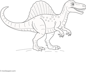  Spinosaurus coloring page depicting a large dinosaur with a tall sail on its back, set in a prehistoric environment.
