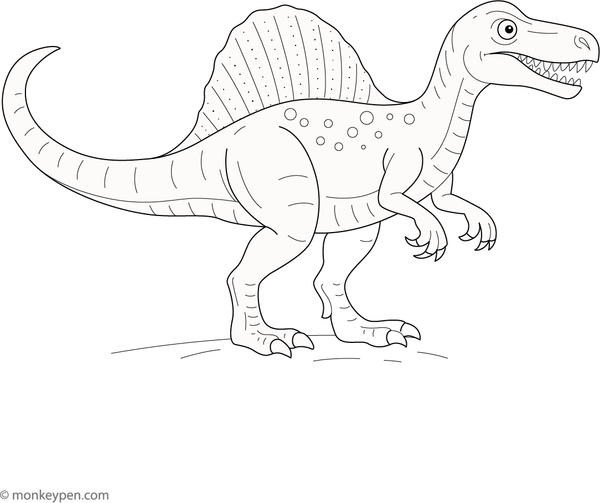  Spinosaurus coloring page depicting a large dinosaur with a tall sail on its back, set in a prehistoric environment.