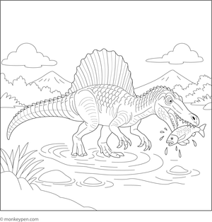  Spinosaurus coloring page showing the dinosaur catching fish in a shallow river.