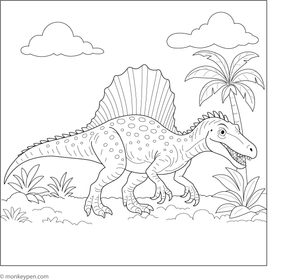  Spinosaurus walking through a dense rainforest filled with ferns and tall trees.  
