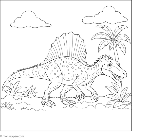 Spinosaurus walking through a dense rainforest filled with ferns and tall trees.  

