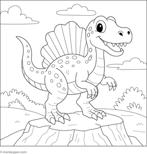  Playful cartoon-style Spinosaurus coloring page with a friendly expression suitable for young children.