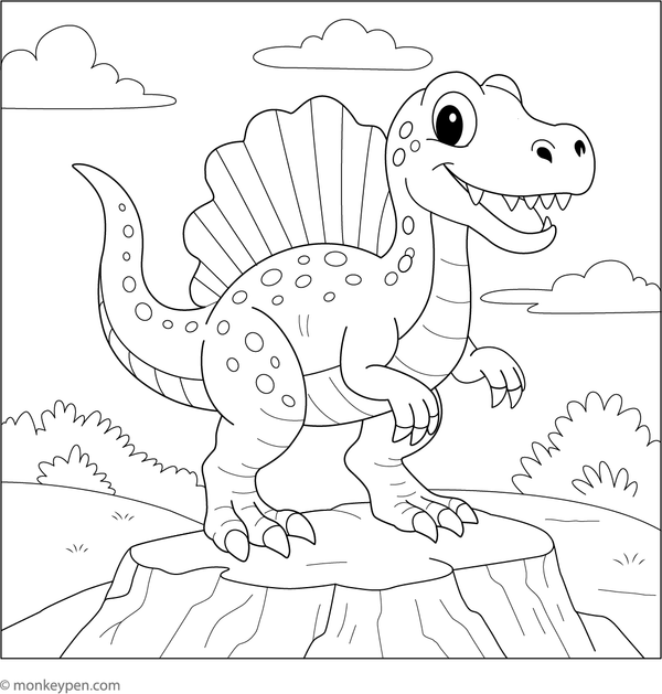 Playful cartoon-style Spinosaurus coloring page with a friendly expression suitable for young children.