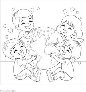 Kids Hugging the Earth Coloring Page – fun and educational printable for children